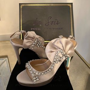 Pour La Victoire “I Do” ivory satin bridal platform blue heels with rhinestones